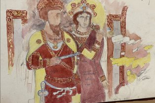 Couple aristocratique dédiant un autel du Feu (l’homme tient une charte de donation). Kuh-e Khwâjah, Iran du Sud-Est, 4e-5e s., copie par Ernst Herzfeld, 1929.